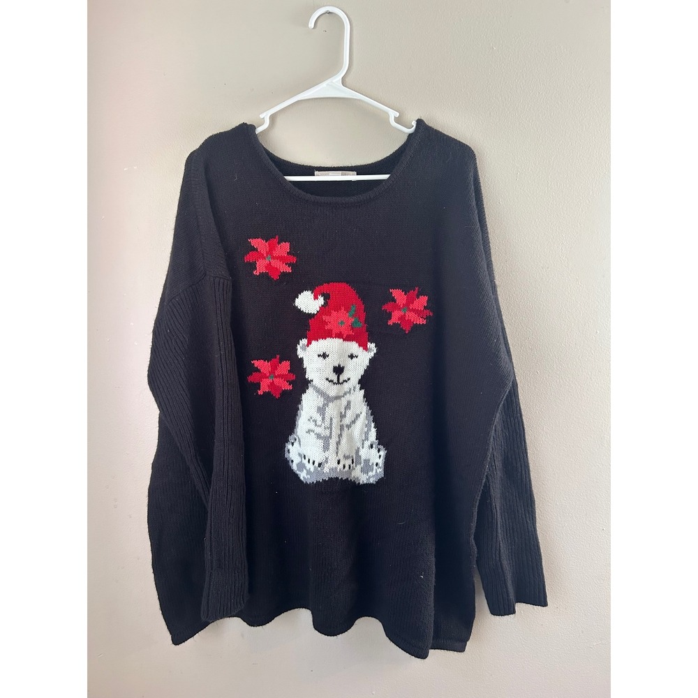 Woman Within Christmas Sweater Polar Bear Poinsettia Black Plus Size